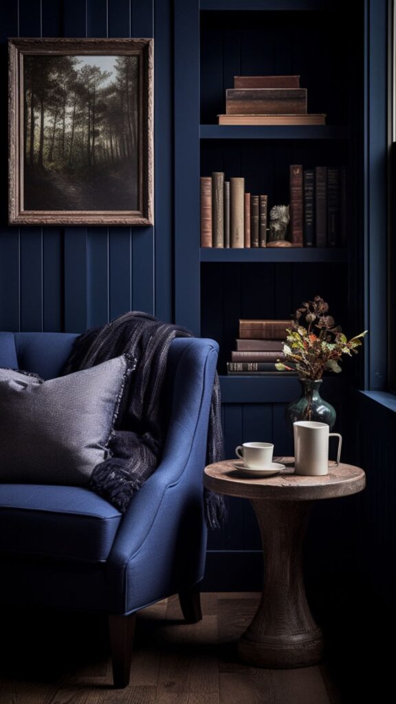 modern farmhouse reading nook with dark blue panels