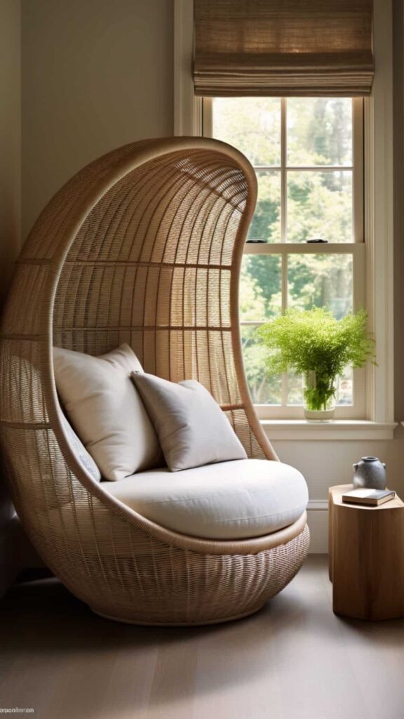 modern minimalist egg chair reading nook by window