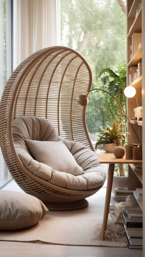 modern minimalist egg chair reading nook with desk