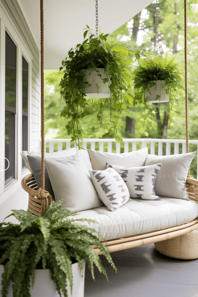 white front porch with swinging chair and hanging green plants