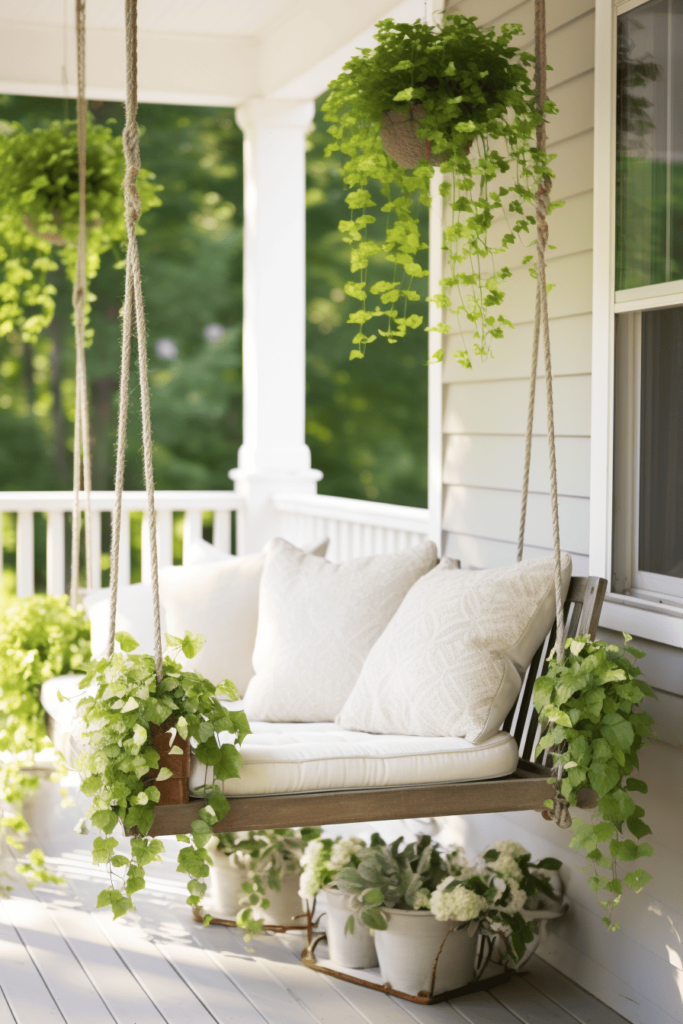 white front porch with swinging chair and hanging green plants