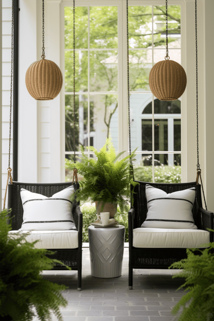 white front porch with swinging chair and green plants and lanterns
