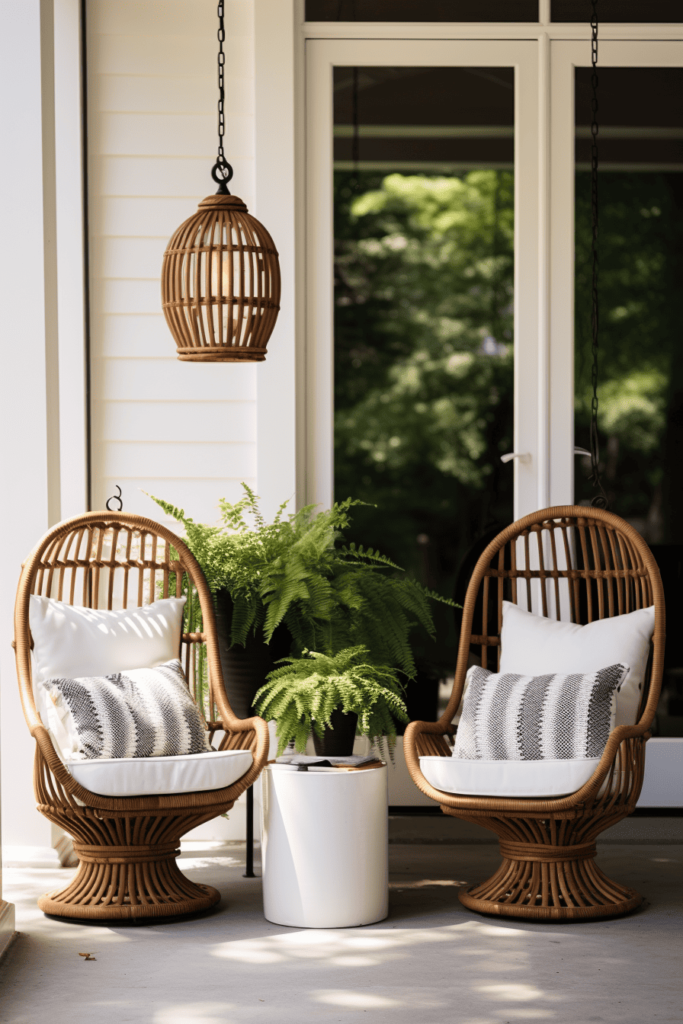white front porch with egg chairs and green plants and lanterns