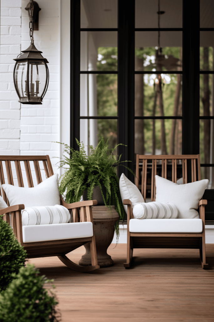 white front porch with wooden chairs and green plants and lanterns