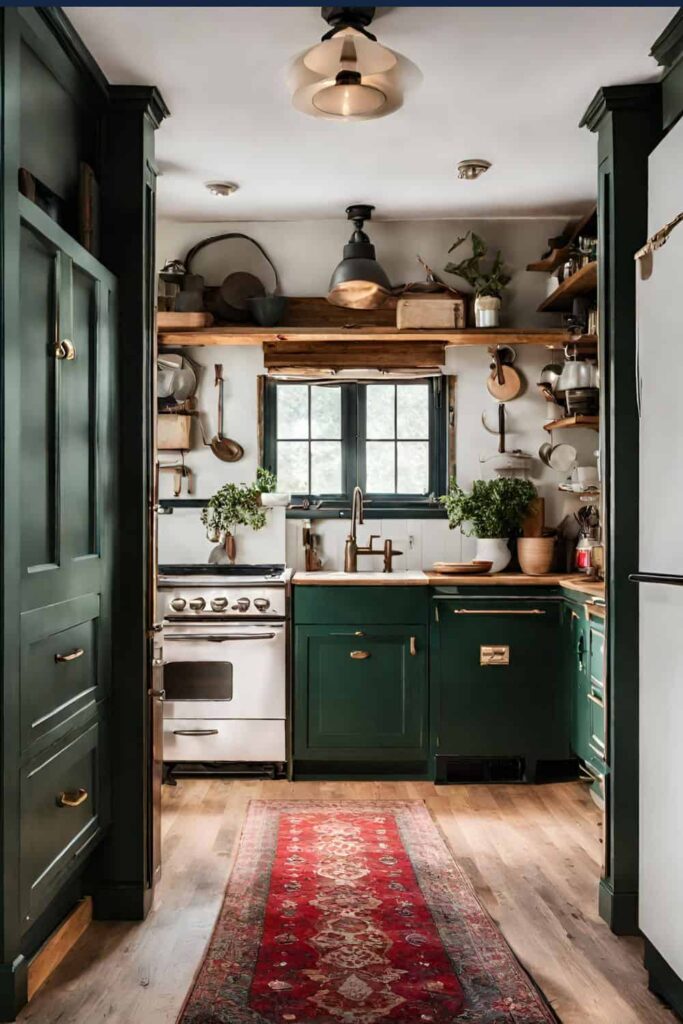 green moody farmhouse kitchen with red rug