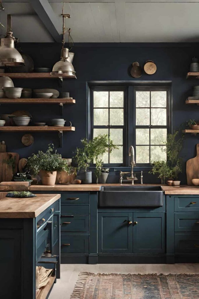 dark blue and wood moody farmhouse kitchen