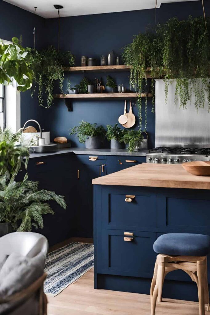 dark blue moody farmhouse kitchen