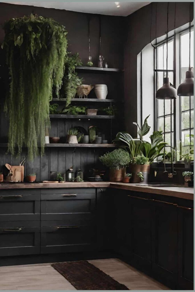 dark blue moody farmhouse kitchen with hanging indoor plants