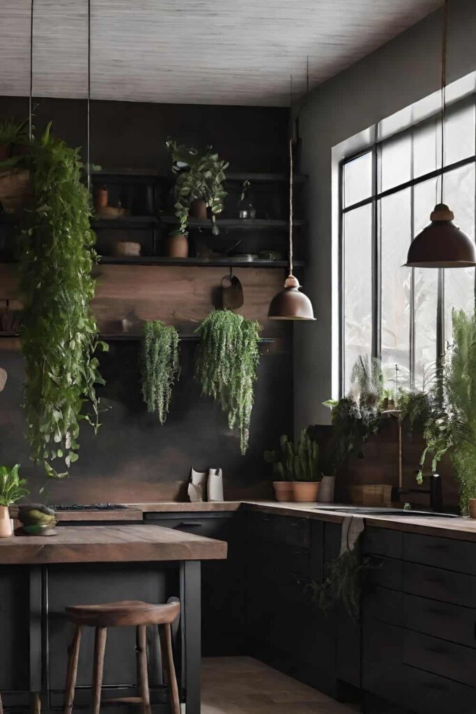 grey moody farmhouse kitchen with hanging indoor plants