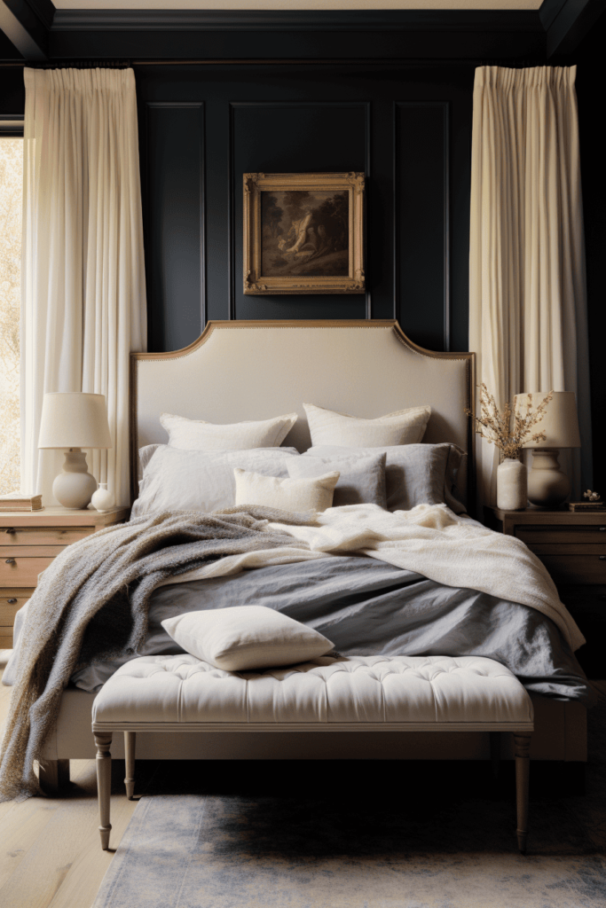moody romantic bedroom with beige headboard
