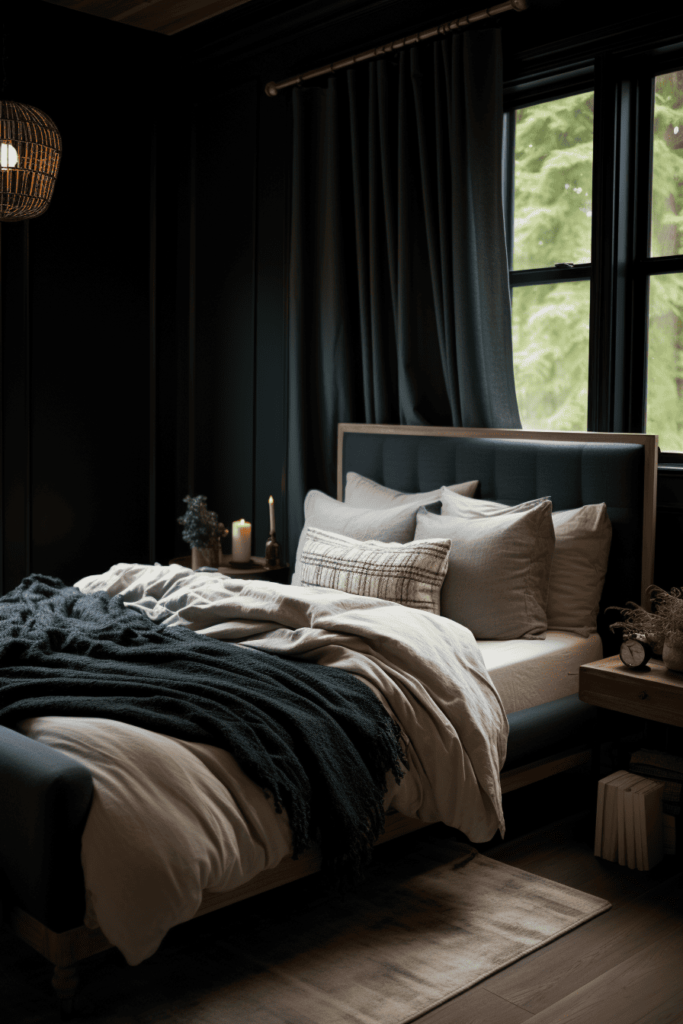 moody romantic bedroom with green tones
