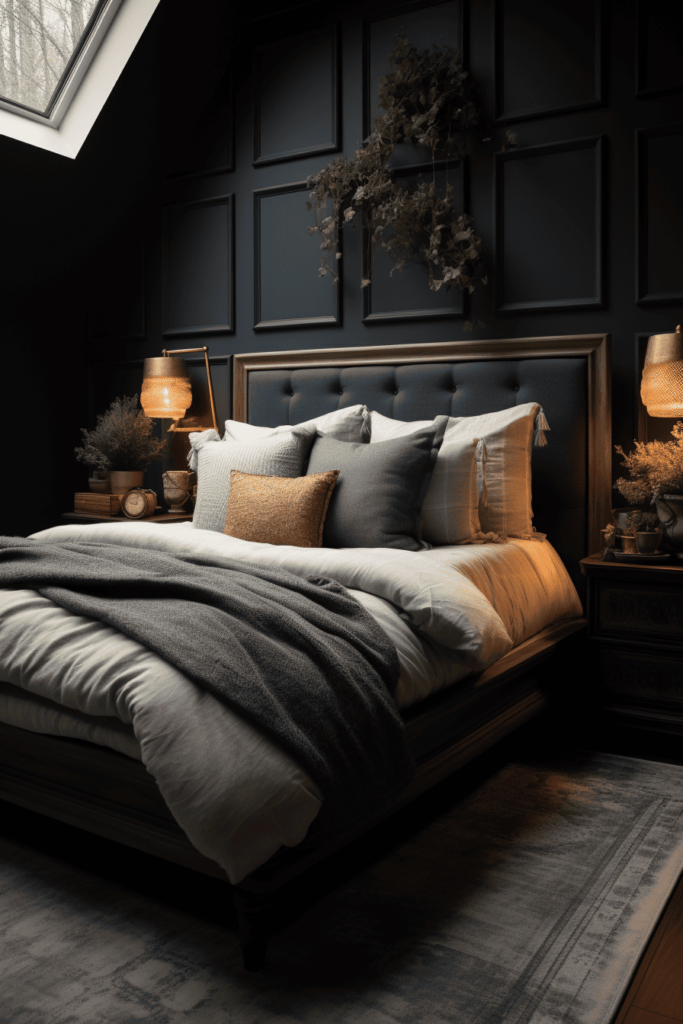 moody romantic bedroom with dark tones