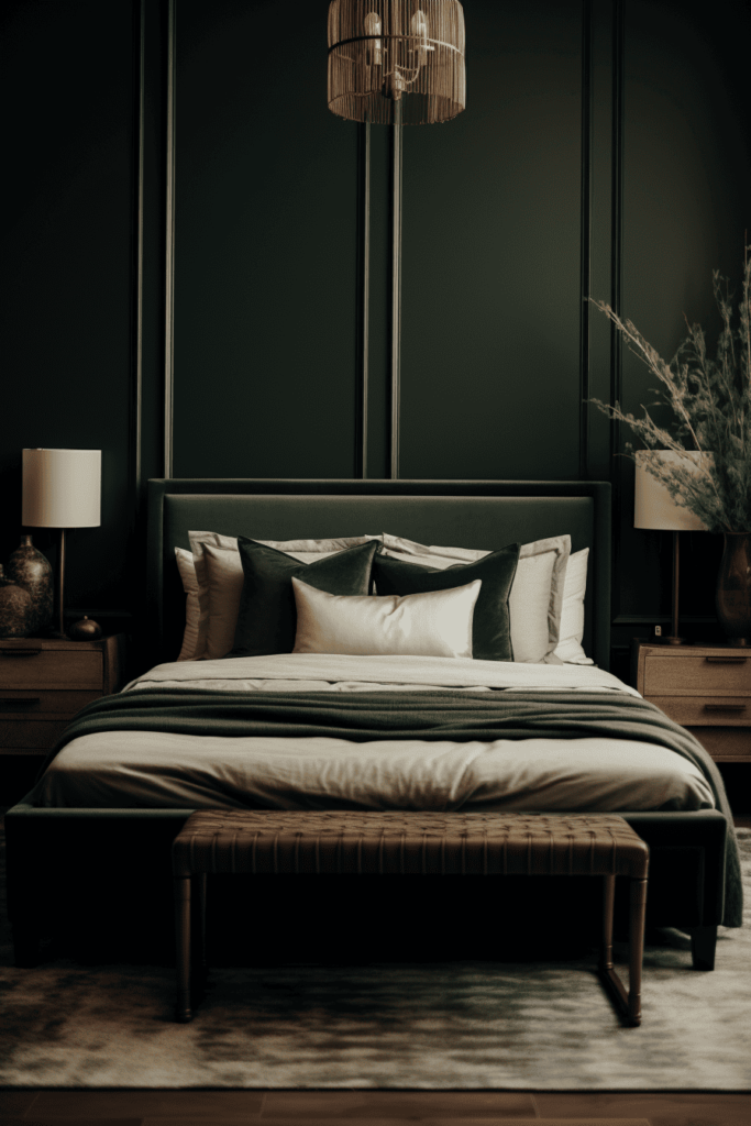 moody romantic bedroom with green and natural tones