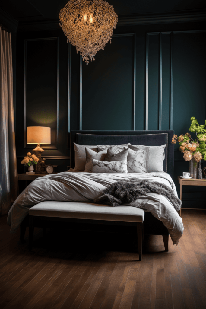 moody romantic bedroom with green tones