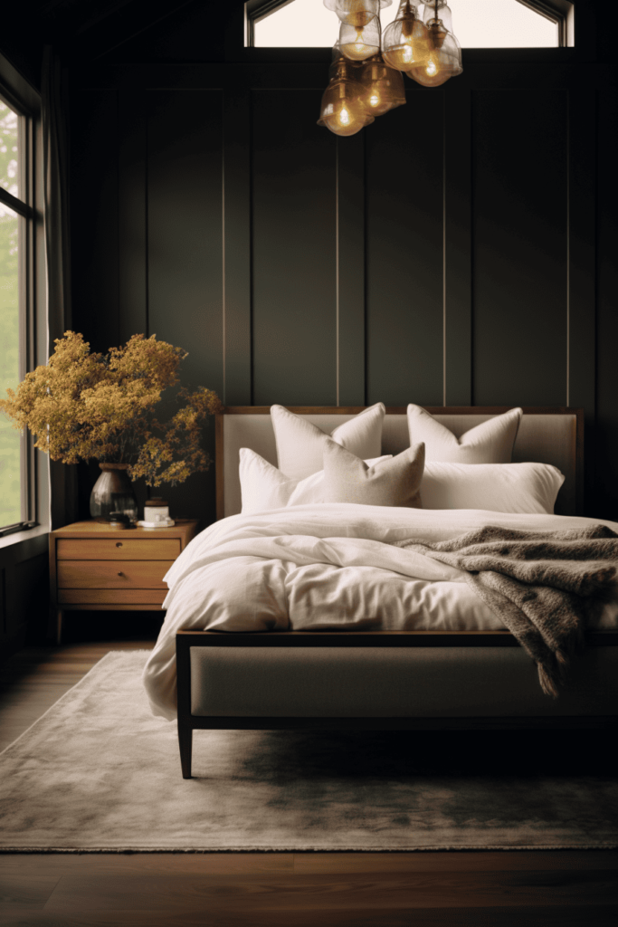 moody romantic bedroom with dry plant