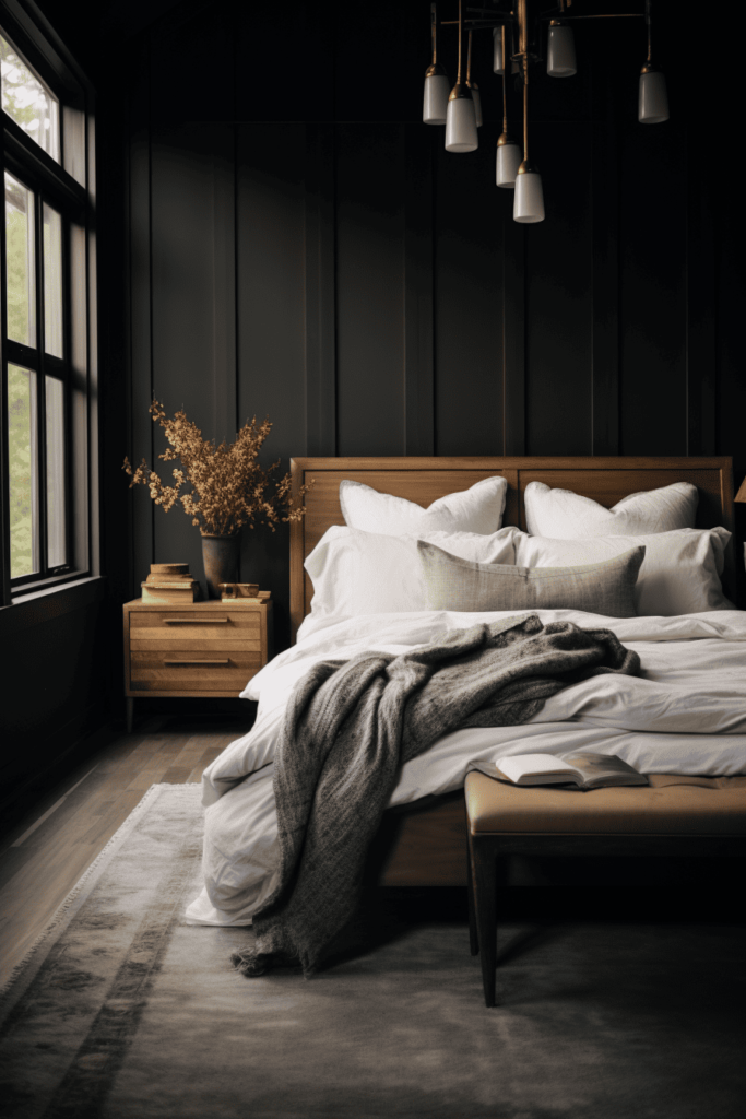 moody romantic bedroom with grey and brown tones