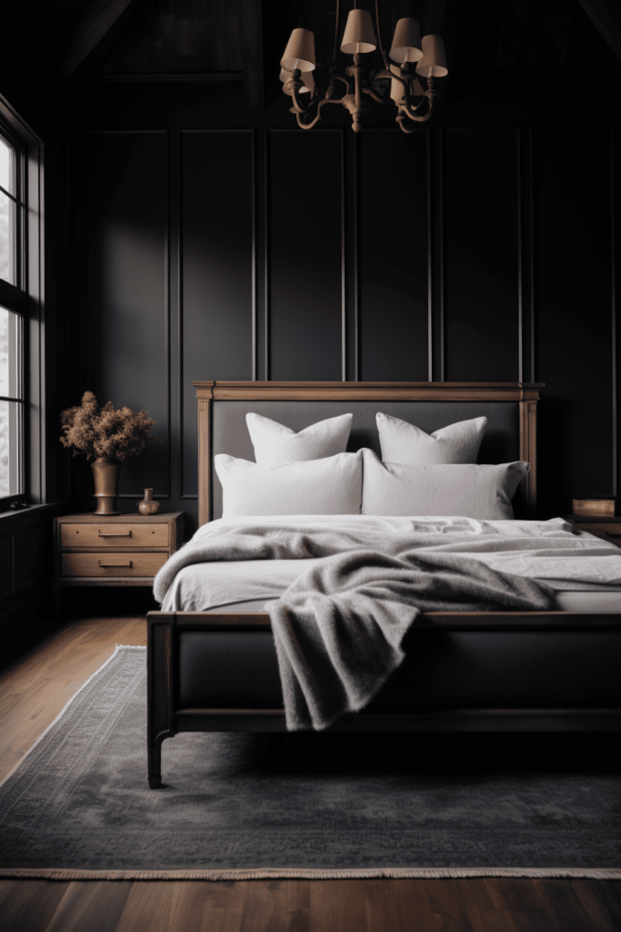 moody romantic bedroom with dark panels
