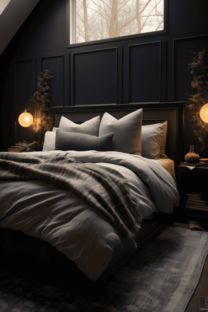 moody romantic bedroom with grey tones