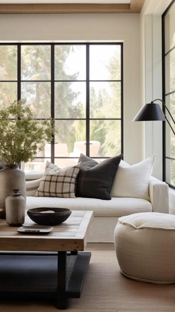 neutral living room with black touches and window frames