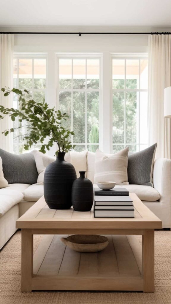 neutral living room with black vases