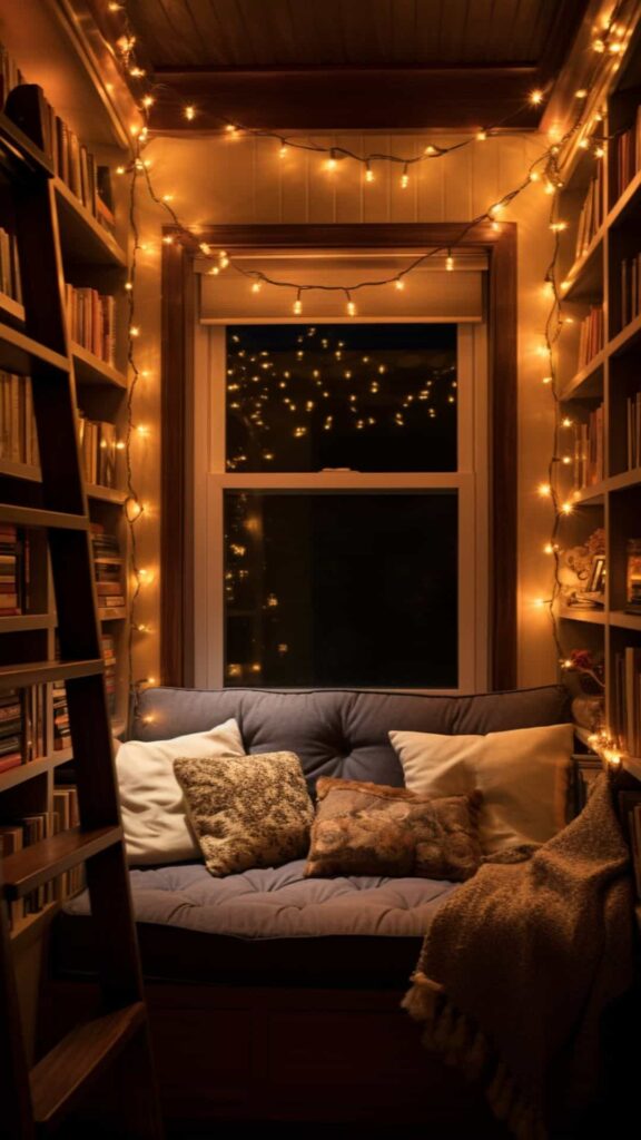 reading nook in front of window with twinkly lights