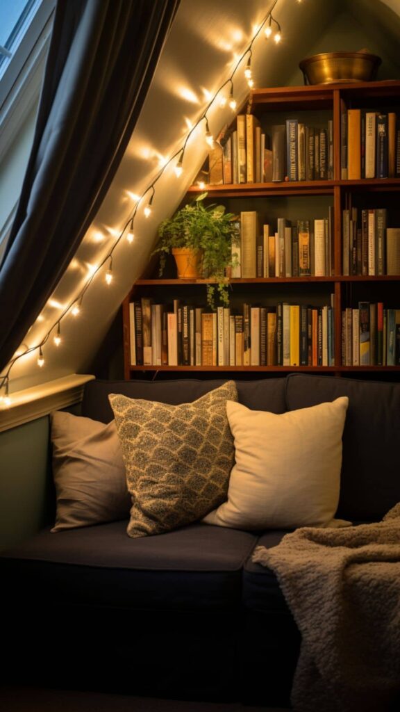 reading nook with couch and library under twinkly lights