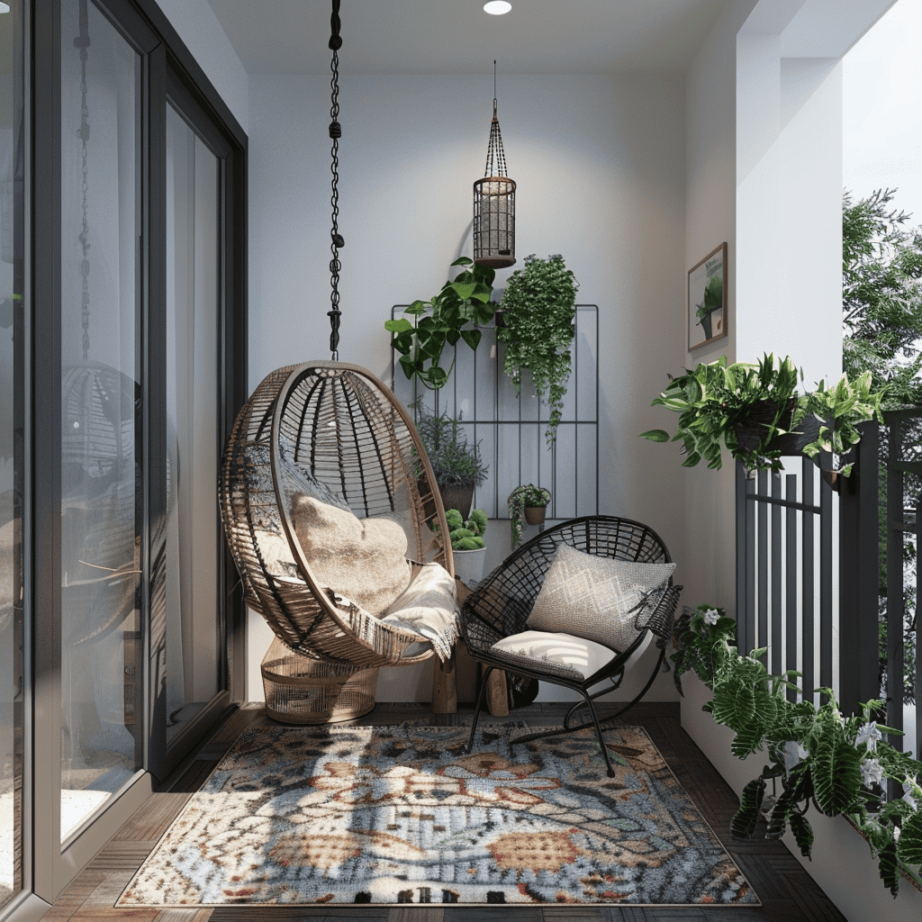 small balcony design with egg chairs and hanging plants
