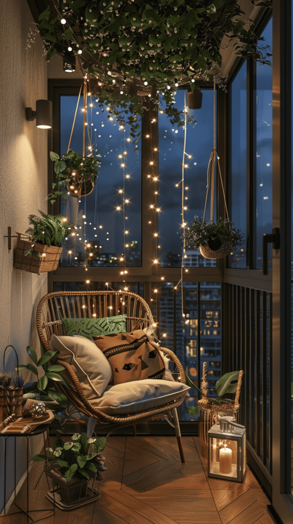 cozy small balcony design with sting lights