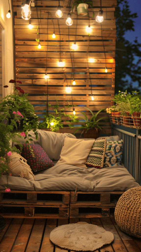 cozy small balcony design with sting lights