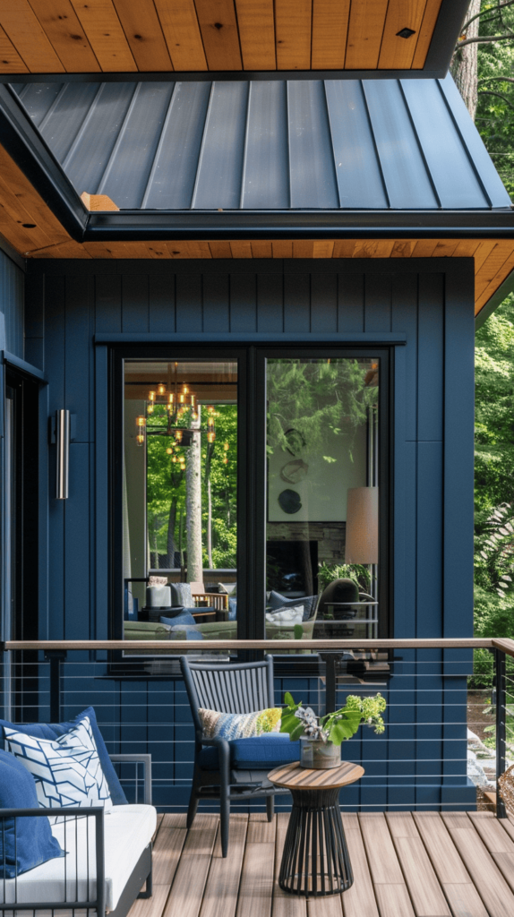 modern farmhouse style balcony with dark blue panels