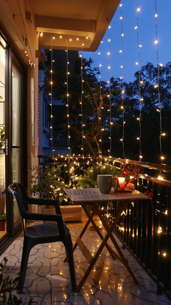 small balcony with string lights