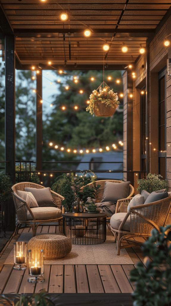 small balcony with string lights, greenery and comfortable chairs
