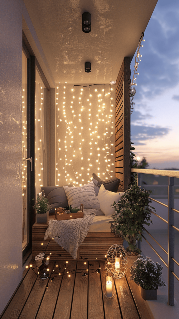 small balcony with string lights