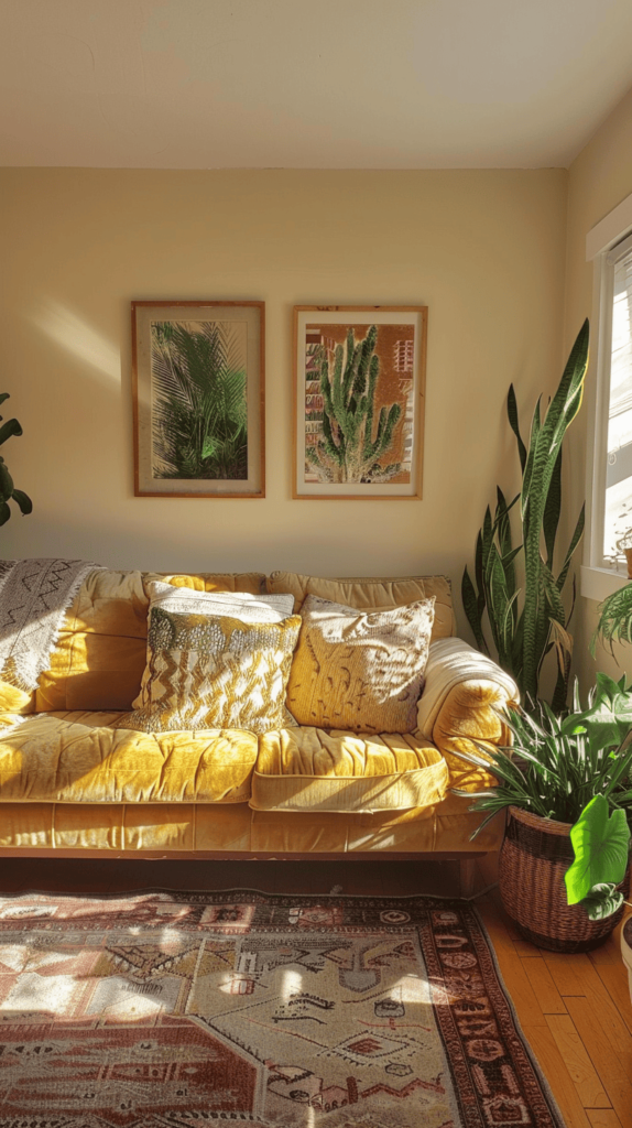 vibrant living room wiht yellow couch