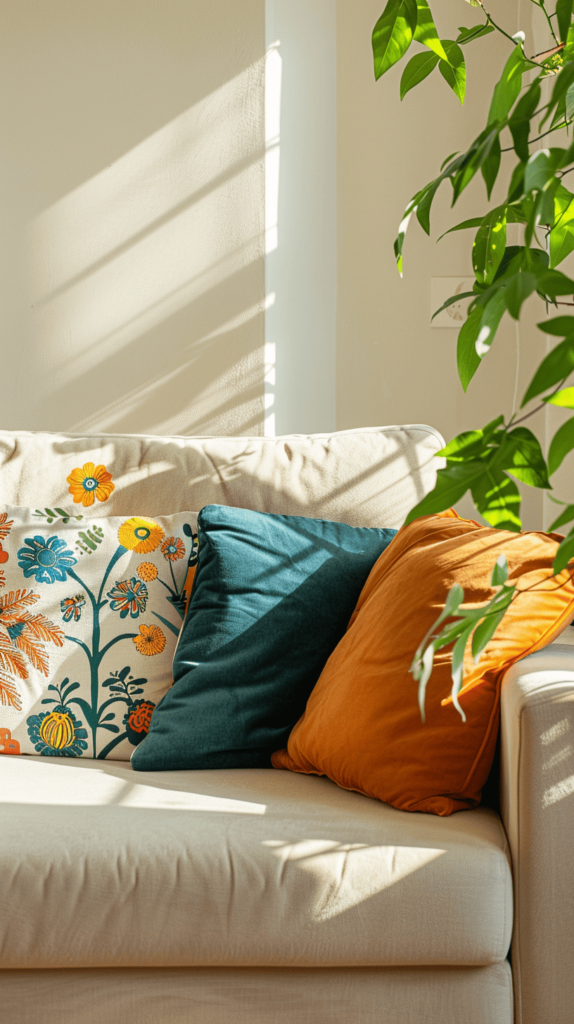 vibrant couch corner with colorful pillows and green plant