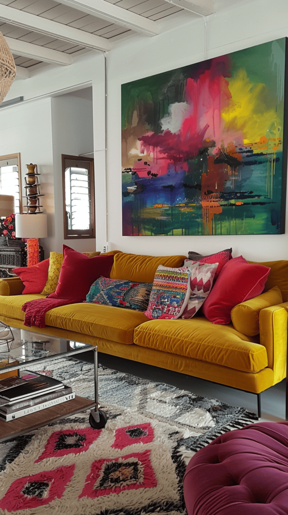 yellow and pink vibrant living room