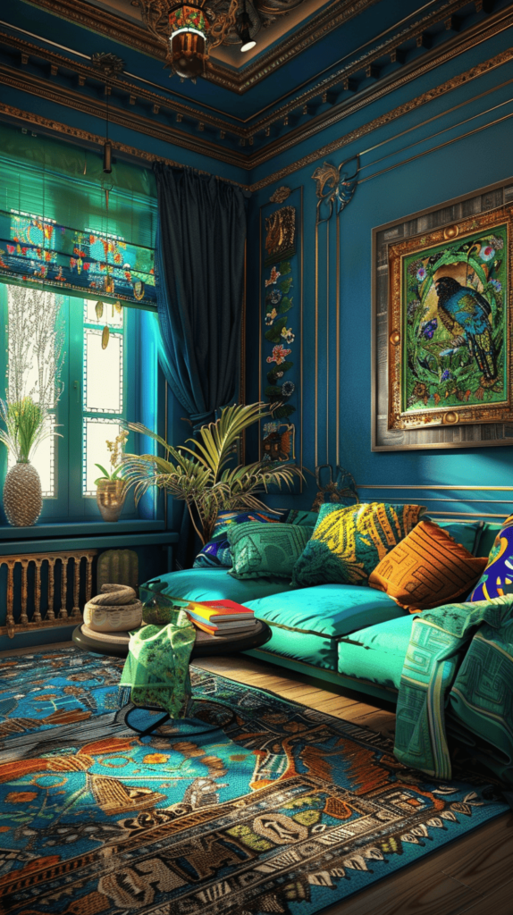 green and blue vibrant living room