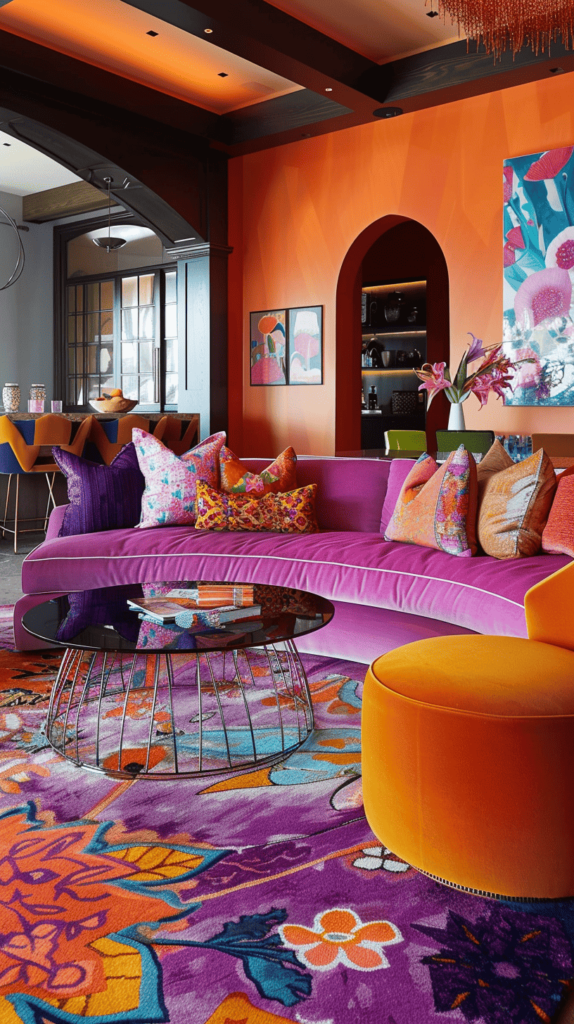 vibrant living room with large rounded pink couch and orange walls