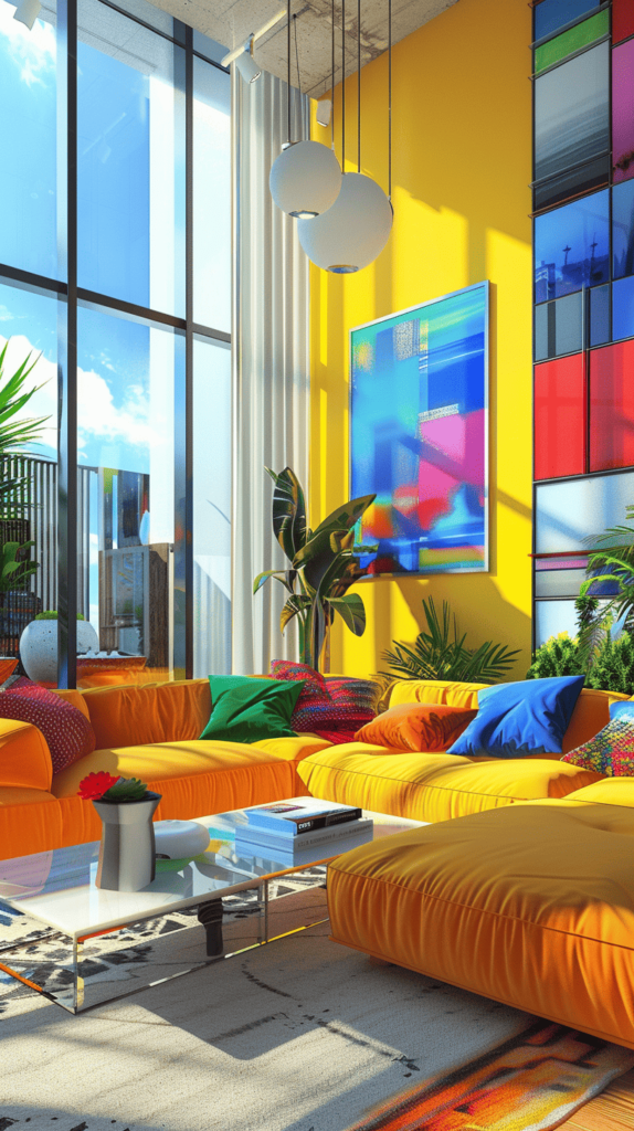 vibrant living room with tall yellow walls