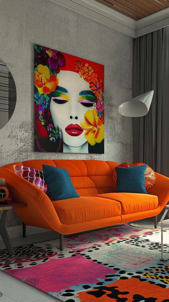 vibrant living room with orange couch
