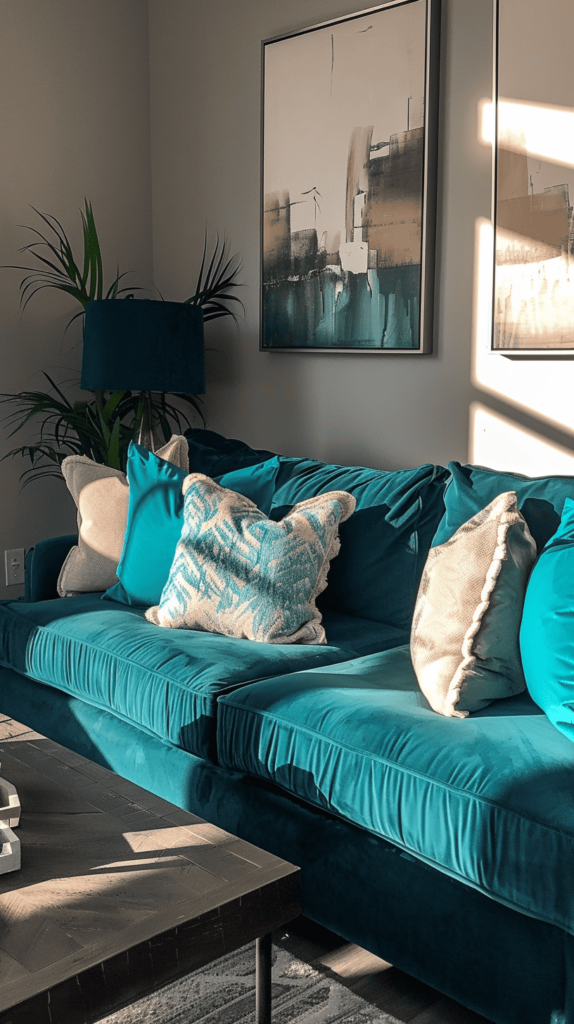 blue couch in vibrant living room