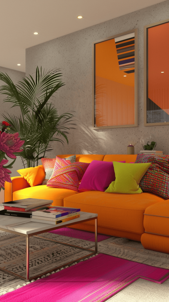 orange and pink vibrant living room