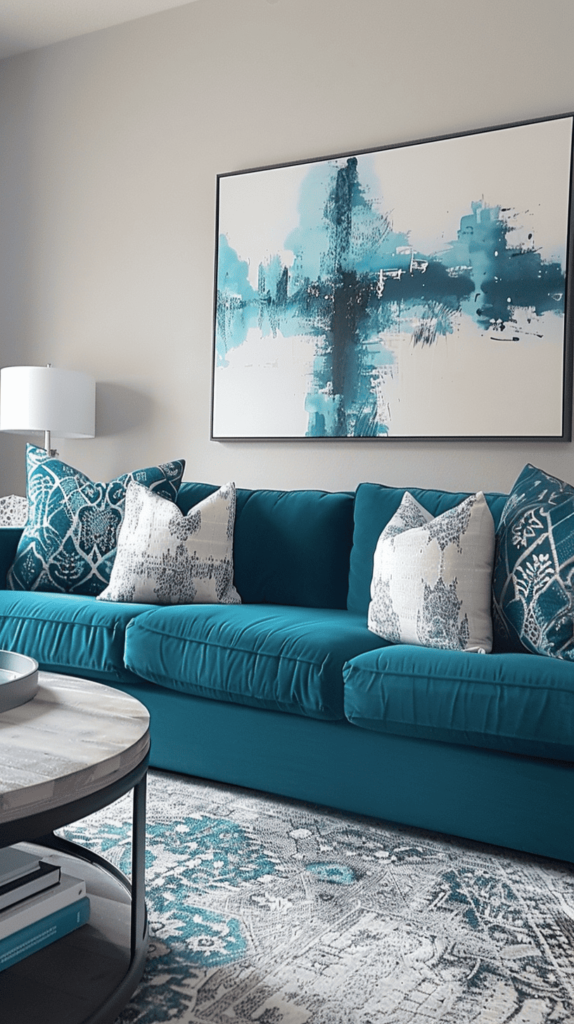 vibrant living room with blue and white pillows and blue couch
