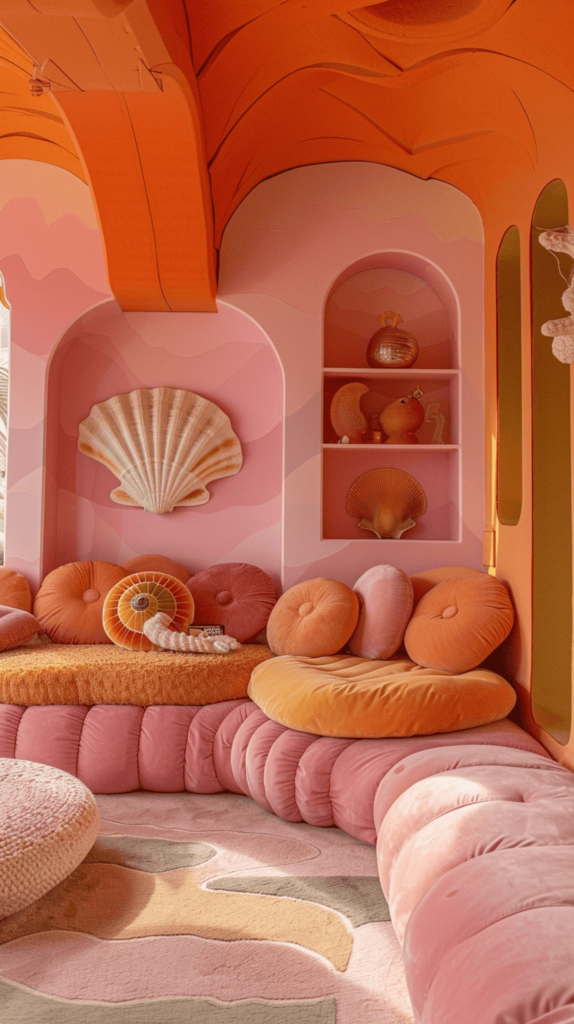 vibrant living room with orange and pink colors and sea shell shaped couch