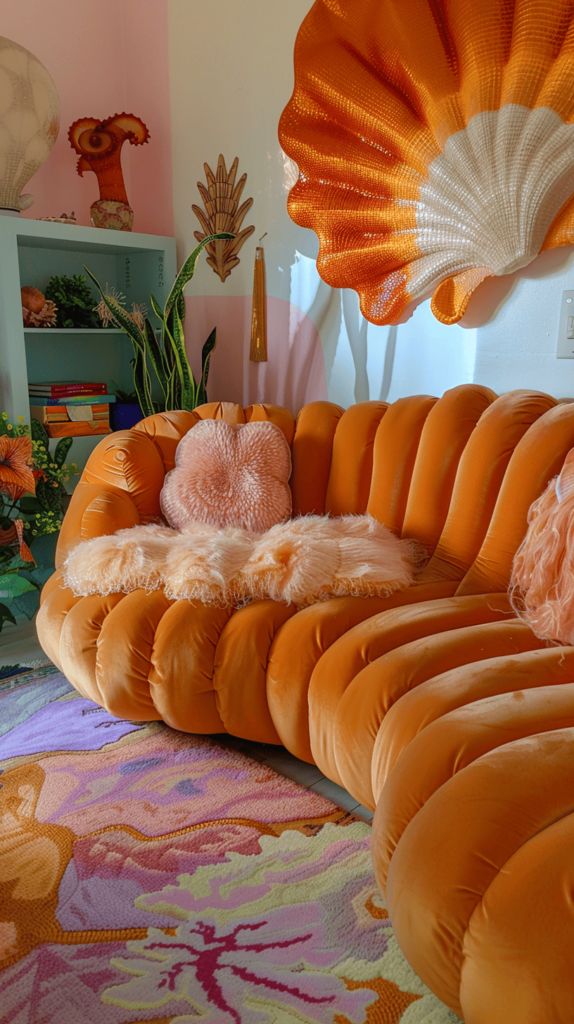 vibrant living room with orange and pink colors and sea shell shaped couch