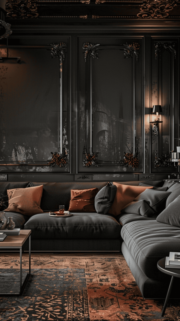 black and rust living room
