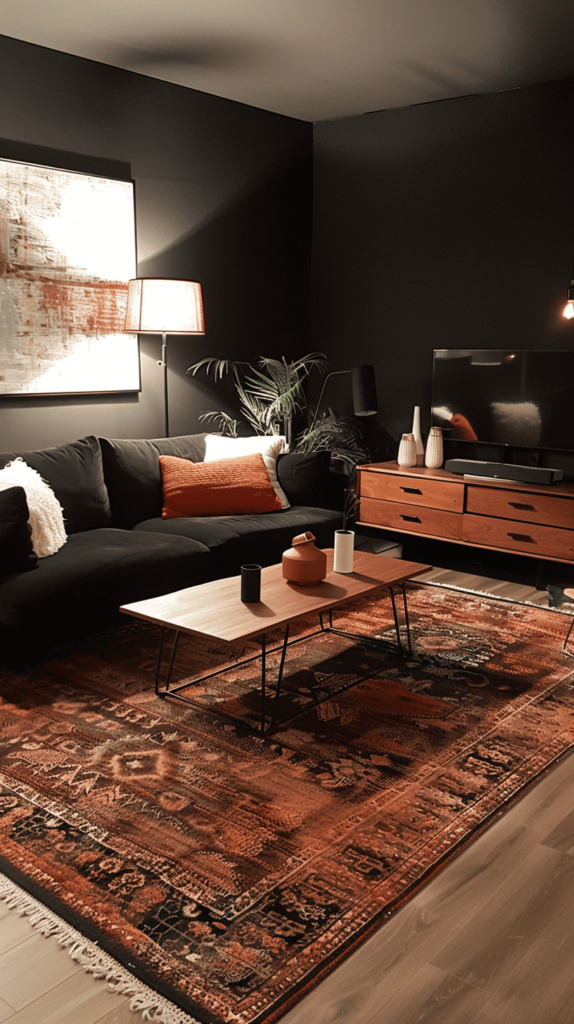 moody black and rust living room
