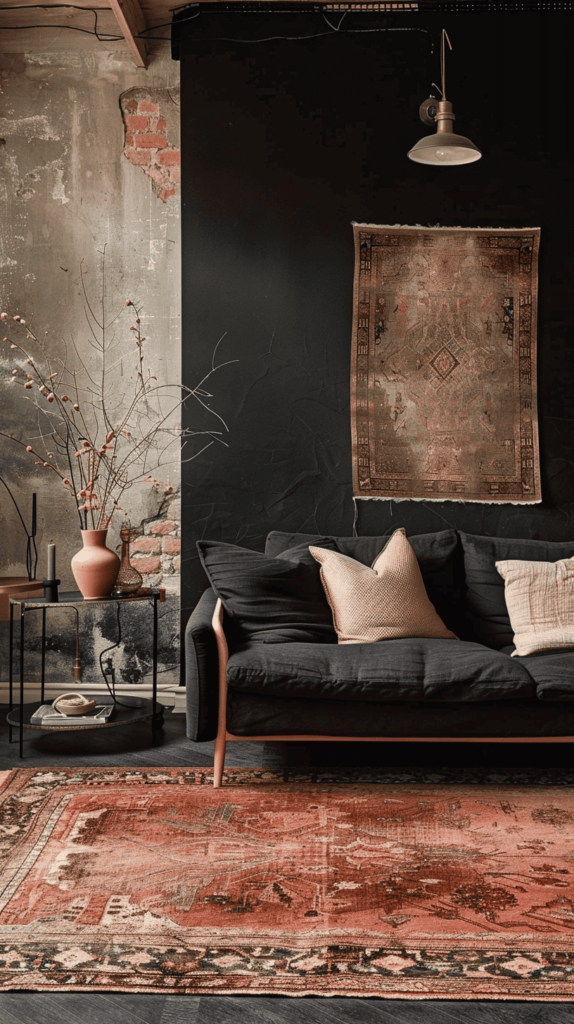 moody black and rust living room