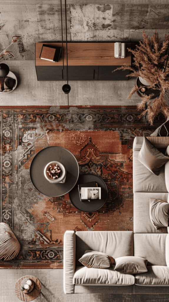 cozy black and rust living room from above
