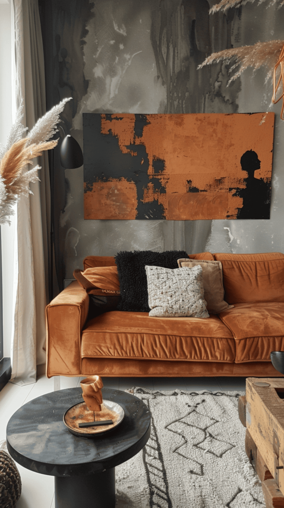 cozy black and rust living room with rust couch